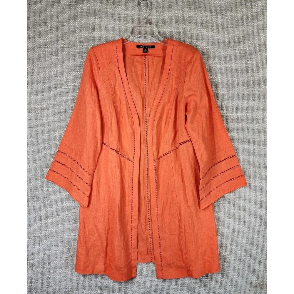 Insight Linen Longline Open Front Jacket Womens 14 Orange Artsy Fitted VTG
